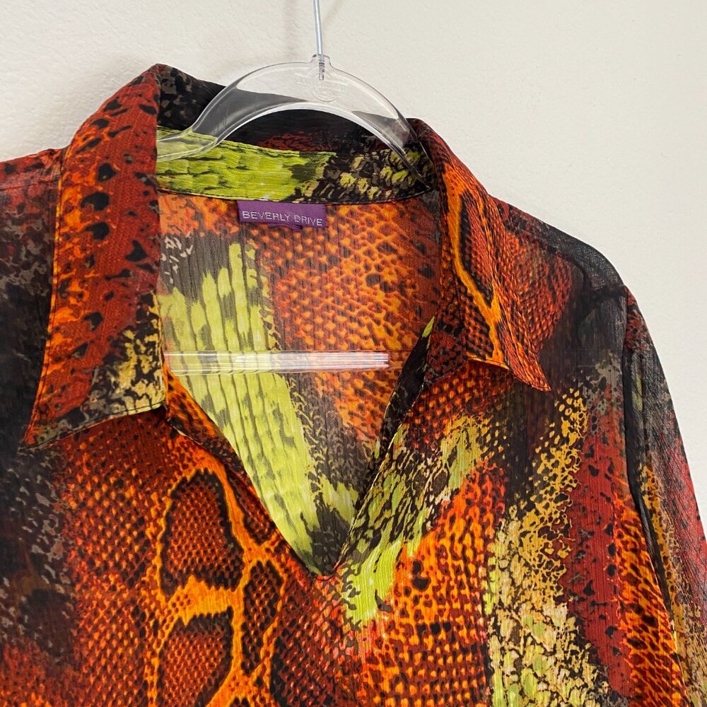 Beverly Drive Orange Neon Green Snake Print Chiffon Tunic - Picture 3 of 7